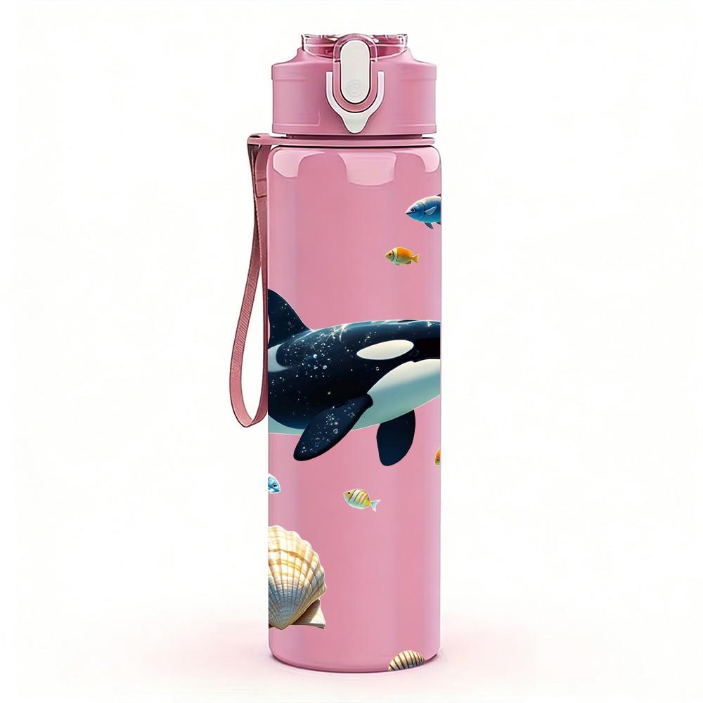 1PC Orca Killer Whale Ocean Animal Print 750ml Color Plastic Sports Water Bottle Leakproof Flip Straw Lid Suitable for Sports Office Home Use