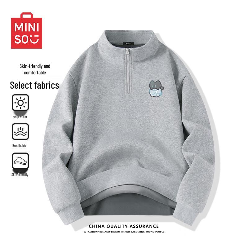 MINISO Men's Half-Zip Stand Collar Fleece-Lined Sweatshirt with Ice Cube Cat Logo