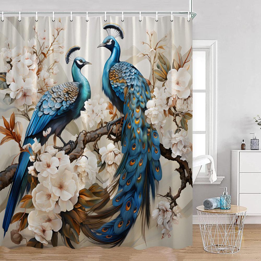 Peacock Shower Curtain Modern Oil Paniting Animals Flowers Plants Floral Bathroom Decor Elegant Fabric Bath Curtains with Hooks