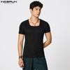 INCERUN Summer Men Square Collar Texture Fitted Casual T-shirts Tops Undershirts