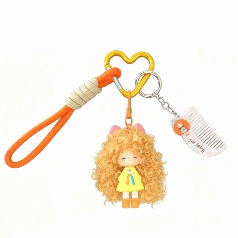Soft Rubber Curly Hair Doll Keychain Colorful Bag Pendant Sweet Halyard Heart Keyring Kids Gift