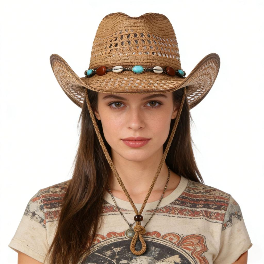 Western Cowboy Hat, Hollowed-out Straw Hat, Outdoor Seaside Vacation Ethnic Style, Versatile Turquoise Sun Protection Hat