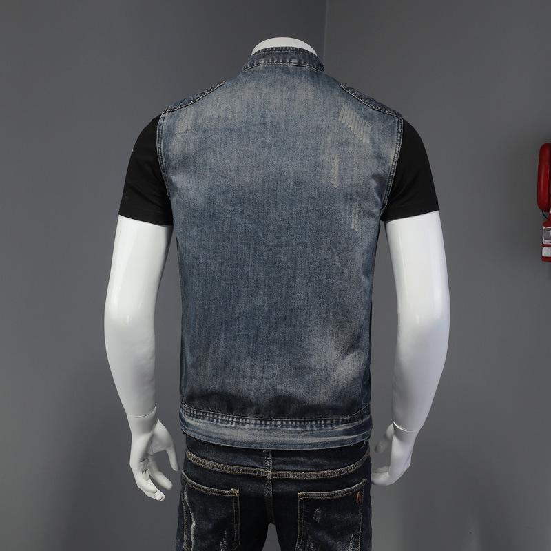 Herren Plus Size schulterfreier Denim-Motorradweste mit Stehkragen