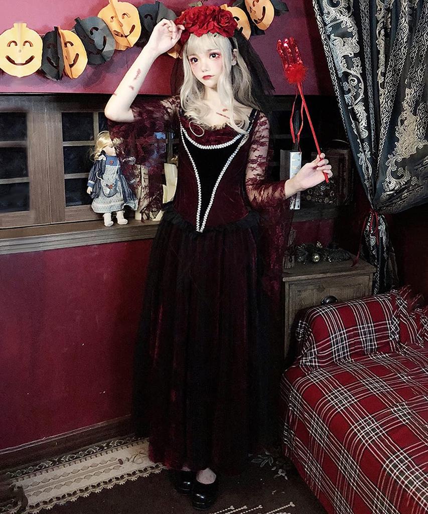[Milky Time] Vampire Halloween Cosplay Bride Zombie Costume with Rose and Red Veil Set