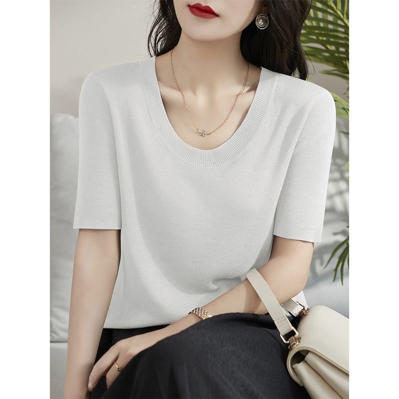 

Классная фиолетовая футболка с U-образным вырезом и коротким рукавом, женская, лето 2025, новинка, свободная, в этом году, красивая тонкая майка из ледяного шелка White 2XL