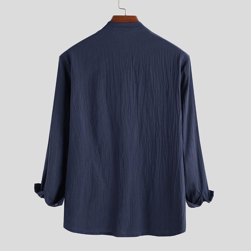 Men's White Linen Blend Henley Shirt Mandarin Collar Long -Sleeve Casual Top Casual Top