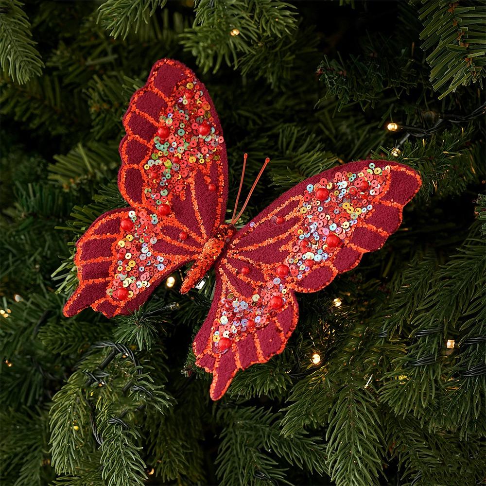 Clip-On Christmas Sequin Butterfly Ornament Pearl Christmas Butterfly Window Display