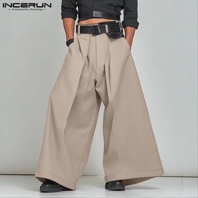 Men Zip-up High Waist Pleating Casual Long Wide Legs Pants Trousers