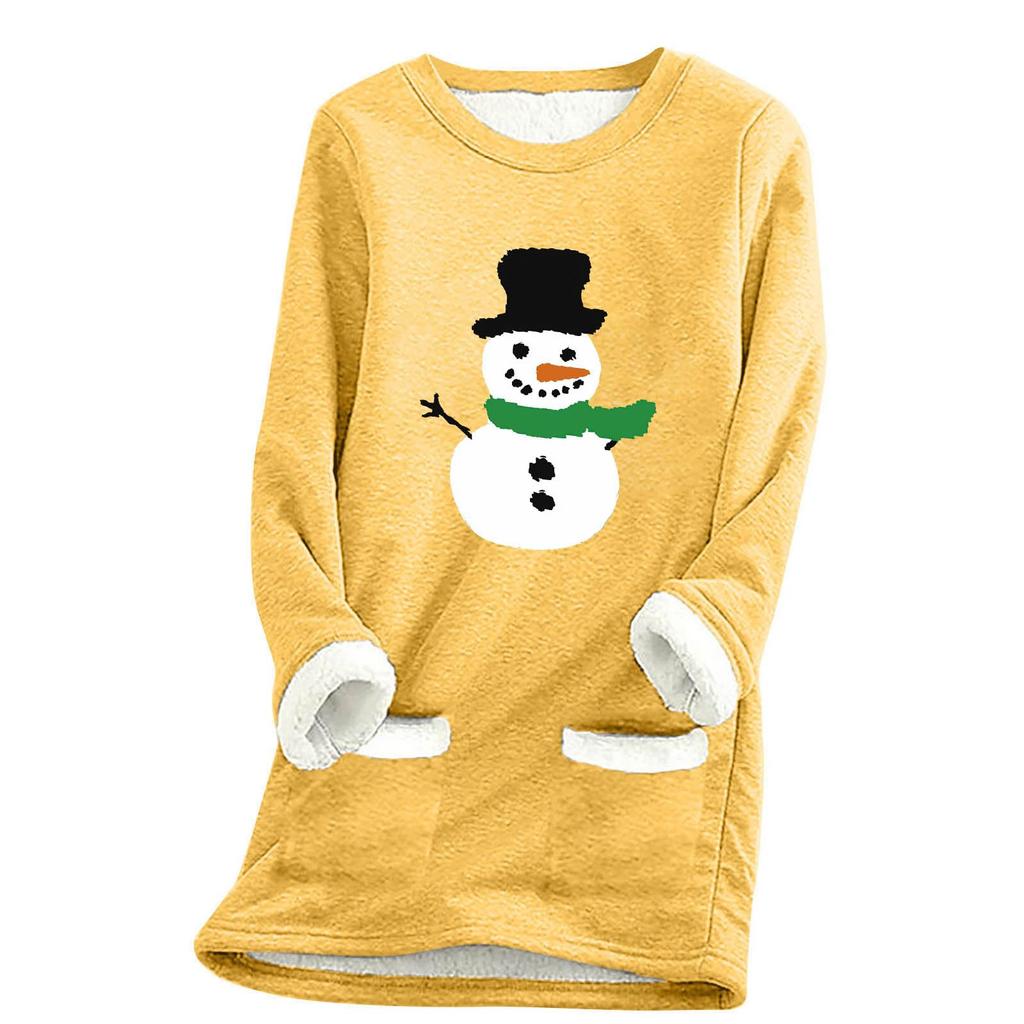 Ladies' Loose And Comfortable Round Neck Christmas Print Thick With Pockets Long Sleeved Top