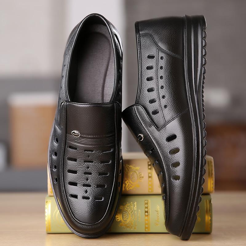Men's leather shoes men's casual middle-aged and elderly men's shoes soft-soled leather sandals hollowed-out breathable shoes glove shoes men