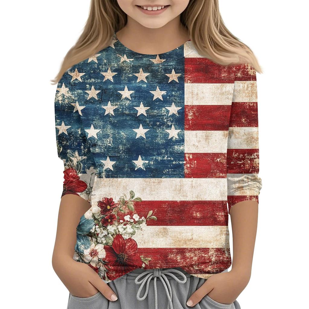Children's 7-point Sleeve Printed Independence Day Crew-neck Casual T-shirt