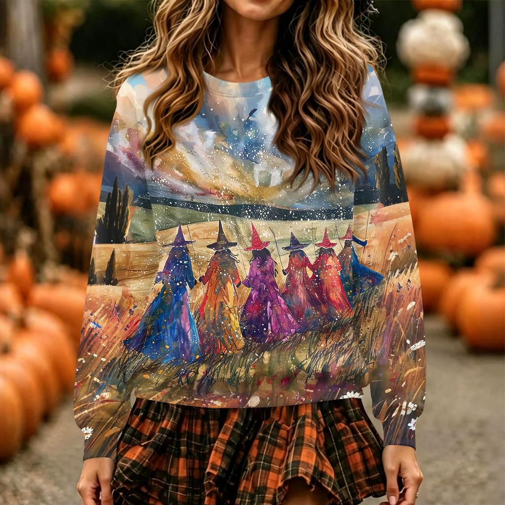 Women's Halloween Print Neck Pullover Sweatshirt, Long Sleeve Casual Fashion Top