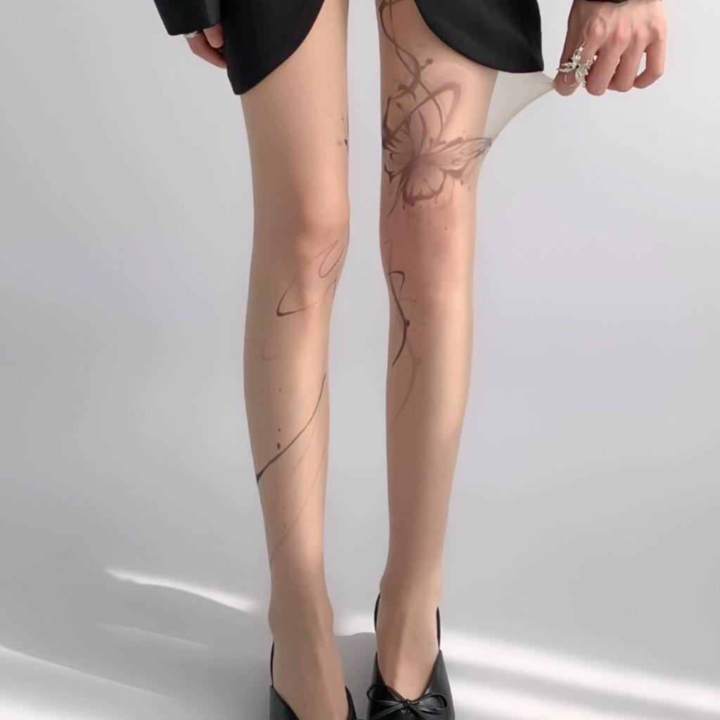 Sexy Any-cut Bedruckte Strümpfe mit Spritzfarbe Schmetterling - Nische Baddie Vielseitige Basis Strumpfhose für Damen, Sommer Dünn Hautfarben