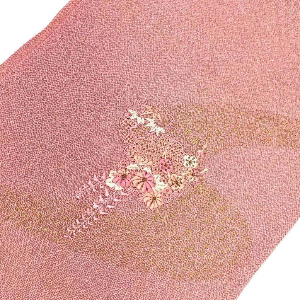 Used Japanese accessories, obi-age, pure silk, snow ring and floral pattern, Shantou embroidery, gold, crepe, pink C-5926