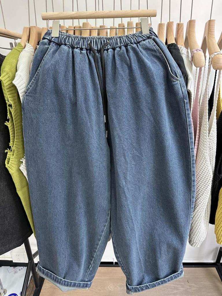 Xiao Wang's Spring Elastic Drawstring High Waist Loose Plus Size Retro Harem Jeans