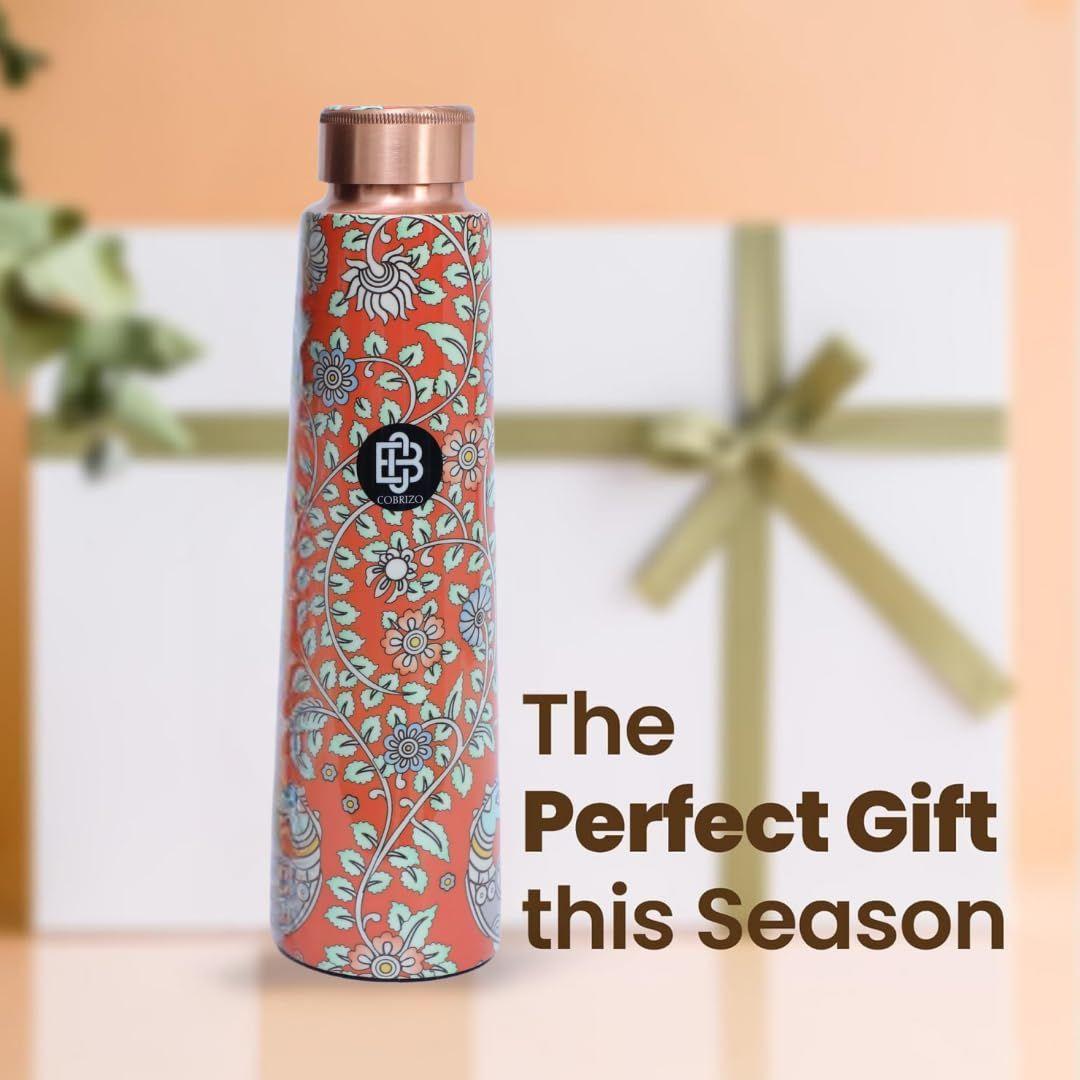 

Дизайнерская бутылка для воды из чистой меди с цветочным принтом, с аюрведическими свойствами, нержавеющая и герметичная медная бутылка для дома, школы, спортзала, путешествий, бутылка для питья