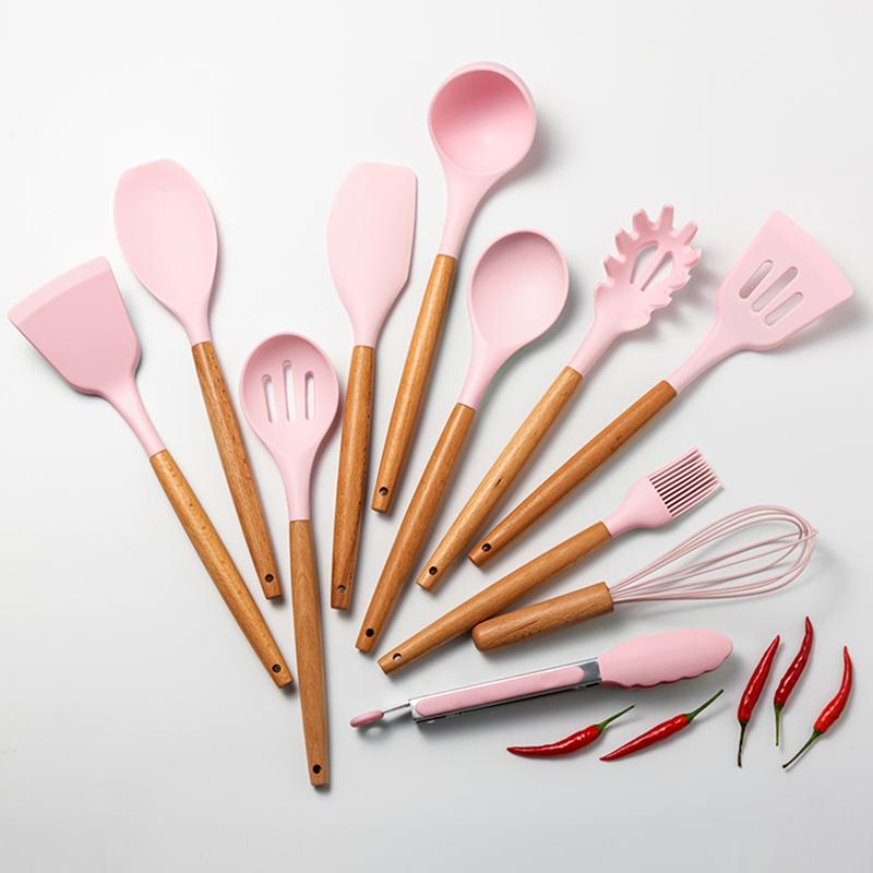 1/12Pcs Silicone Kitchenware Non-Stick Cookware Kitchen Utensils Set Spatula Shovel Egg Beaters Wooden Handle Cooking Tool Set