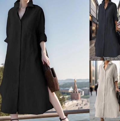 Damen Einfarbig Langarm Baumwollleinen Strickjacke Kleid - Lässige Lockere Passform mit Unregelmäßigem Schlitz