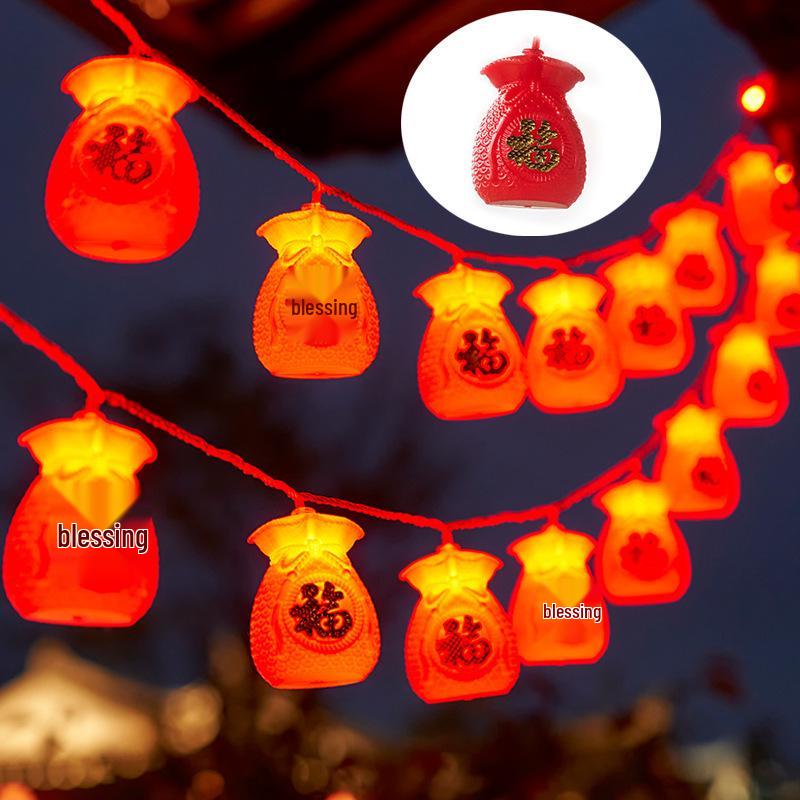 LED New Year Lantern String Lights - Lucky Fu Bags & Red Lanterns for Festival Decoration