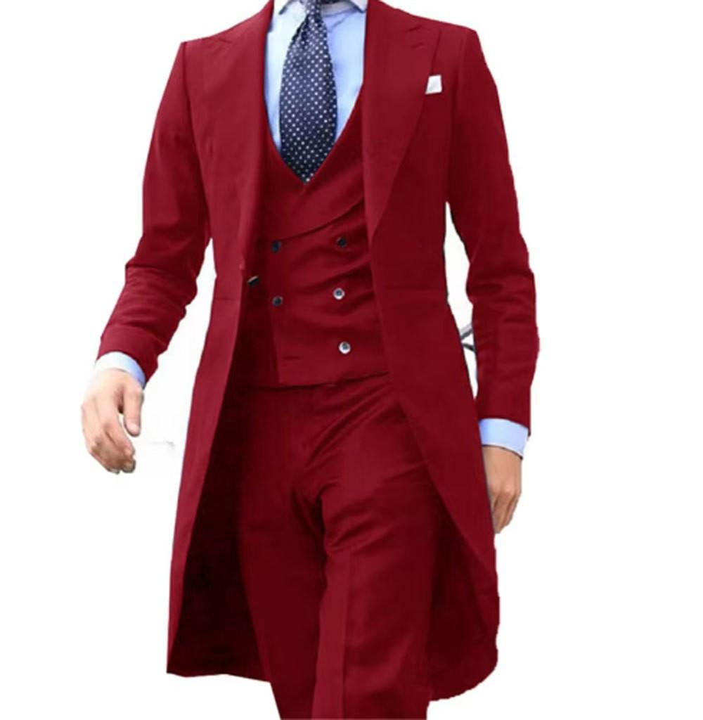 2024 Purple Long Tail Blazer 3 Pieces Gentleman Male Suit Men's Fashion Groom Tuxedo for Wedding Prom Jacket Vest with Pants