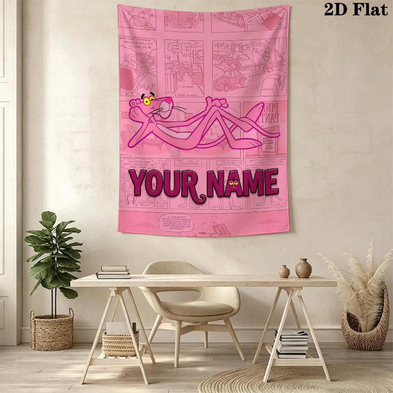 Custom Name Pink Panther Wall Tapestry Aesthetic Wall Hanging Printed Fabric Blanket Decorative Tapestries for Bedroom Living Room Home Decor