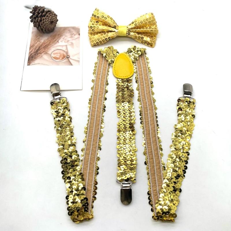Popular Sequins Suspenders and Bowtie Set for Male with Metal Clip Weddings and Theme Parties Costume Neckwear Accessory