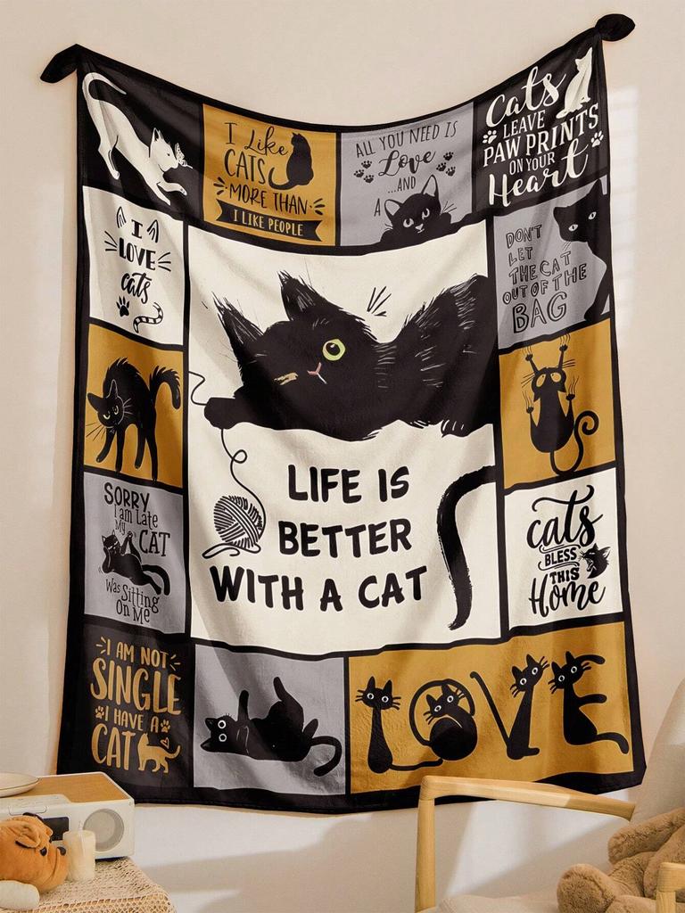 1 Stück Schwarze Katze Weiche Decke Flanell Bedruckte Decke Für Camping & Reisen Geeignet Für Sofas Schlafzimmer Wohnzimmer Und Betten