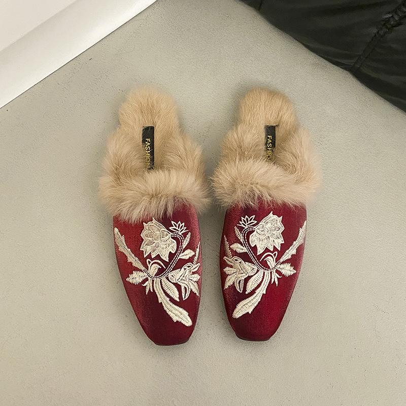 

осень и зима 2025 новый новый китайский кролик Мао Мао обувь ленивые хлопковые тапочки детские на одном ходу бархатные полуторсовые мюли 40 красный