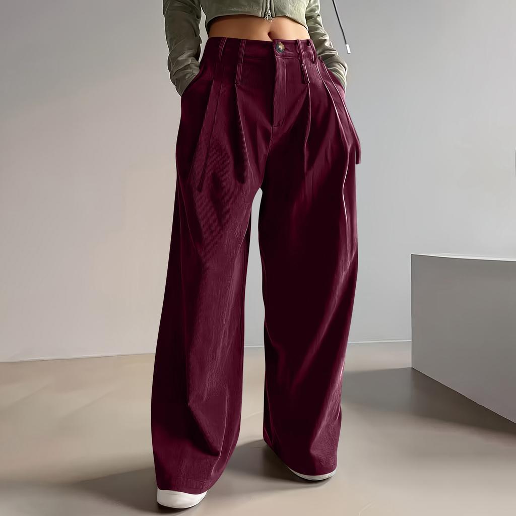 Women's Fashion Color Button & Zippered Pocket Fleece Straight Loose Casual Pants