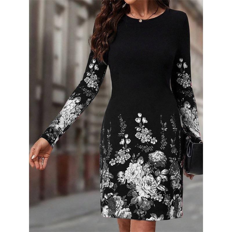 Autumn Winter Women Dress O Neck Flower Print A-Line Long Sleeve Loose Dress Casual Fashion Elegant Ladies Mini Dresses