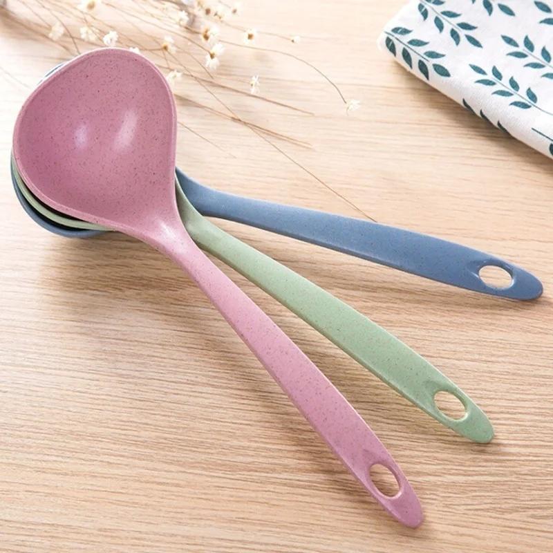 Tableware Wheat Straw Soup Ladle 4 Colors Long Handle Soup Rice Spoon Meal Dinner Scoops Kitchen Supplies Cooking Tool