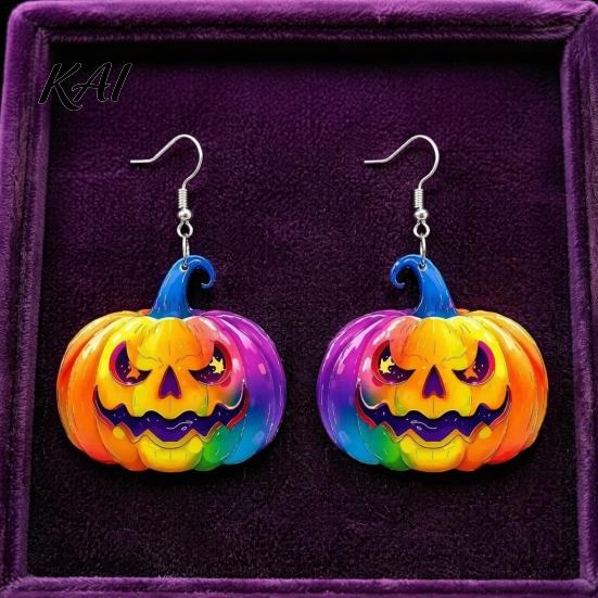 Sweet Cool Party Jewelry 1 Pair Halloween Earrings for Women, Colorful Pumpkin Dangle Non-fading Scratch-resistant Drop Earrings, Acrylic Gifts