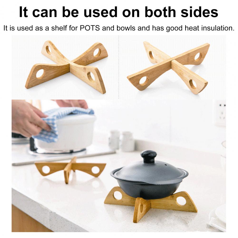 Space-efficient Pot Organizer Bamboo Pot Holder Trivet Set for Hot Dishes Pans Teapots Heat-resistant Wooden Rack with for Bowls