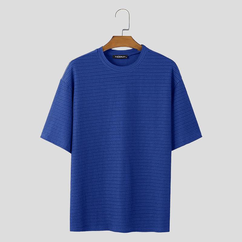 INCERUN Men Round Neck Short Sleeve Tops Solid Color Texture T-shirts
