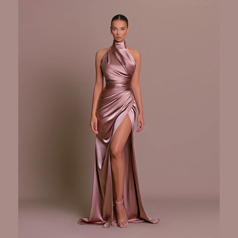 YJ23556 Elegantes Neckholder-Abendkleid mit Schlitz für Damen - Ärmellos, Raffiniertes Langes Partykleid