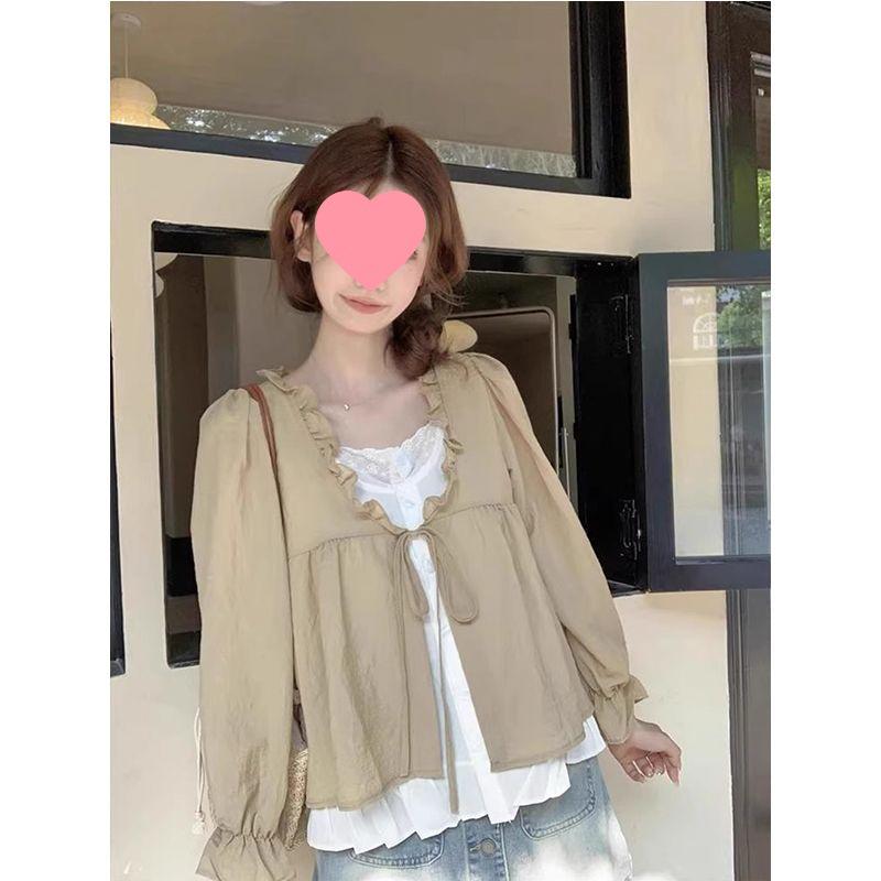 

Женская контрастная рубашка со шнуровкой и длинным рукавом: Модная модель начала осени, свободного кроя с деревянной отделкой ушей XL