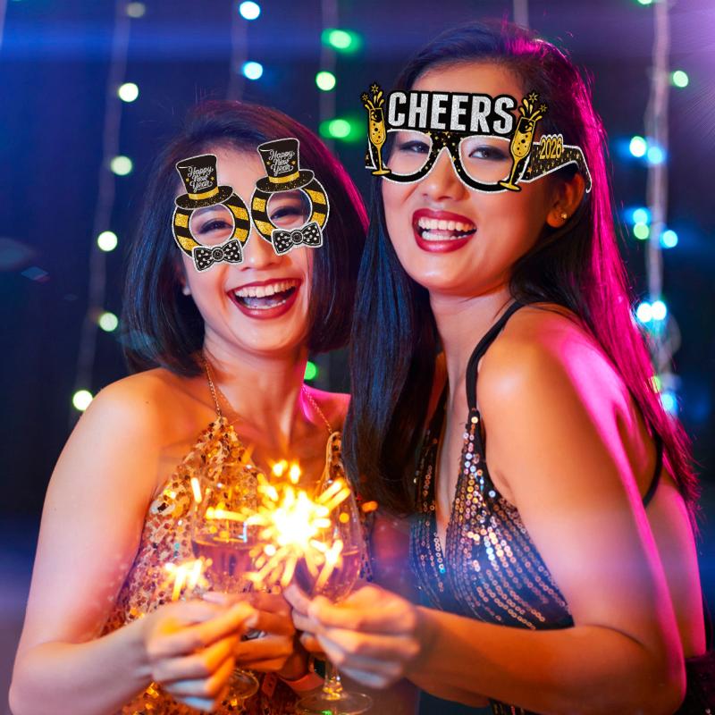 6Pcs/Set 2026 Happy New Year Black Gold New Year Paper Glasses Photo Props