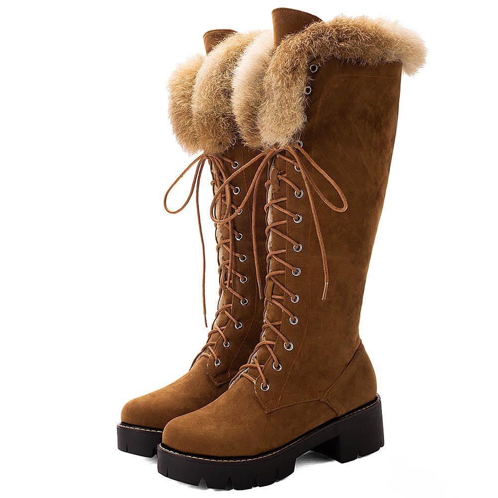 Zimowe ciepłe futrzane buty Kobieta Odkryte buty śniegowe Damskie sznurowadła Kozaki do kolan Buty damskie