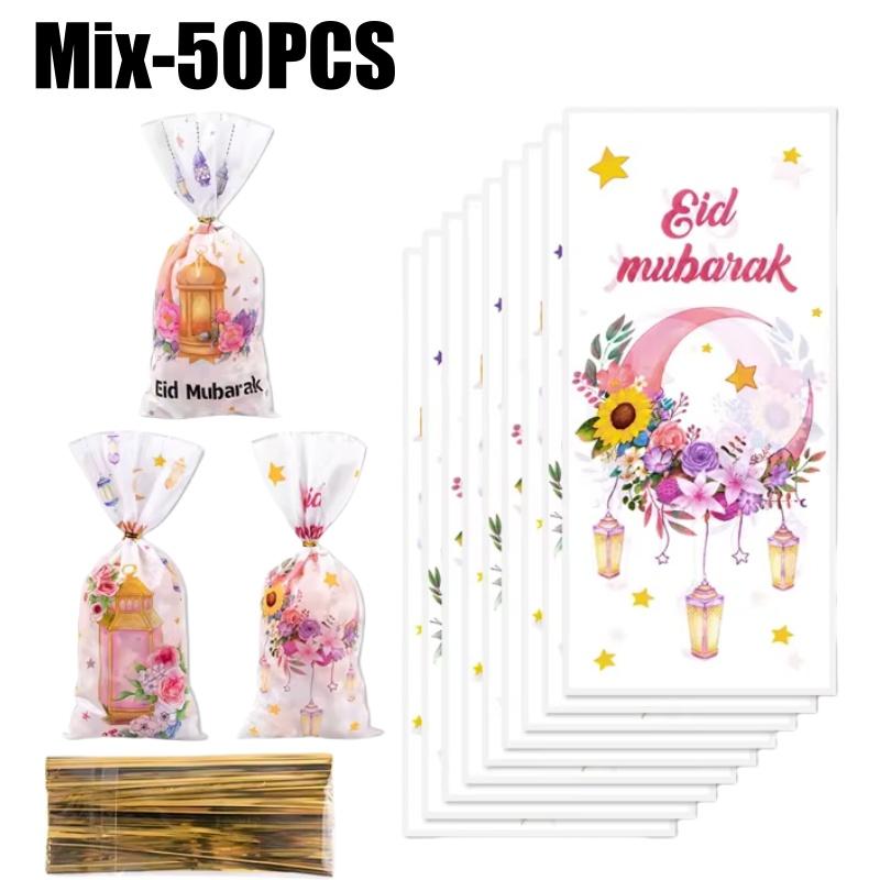 

50PCS/Bag Ramadan Cookie Bags with Strap Candy Baking Packaging Bag Eid Mubarak Gift Party Supplies Bonbons Verpakking As shown