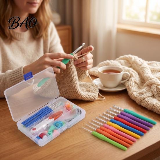 Beginner Crochet Tool Set Metal Hooks Set, Includes Yarn Needles Stitch Markers Tape Measure, with Weaving Tools for Crafts Storage Case, Soft Rubber