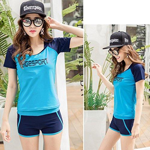 Teddy Women's Fitness Swimsuit, 3-Piece Set with Tankini and Separates, Short Sleeve Rash Guard and Shorts, Sport Style hys1207-A (Blue, Size L (9))