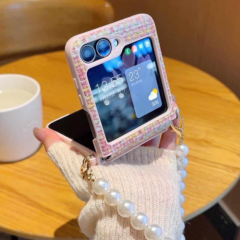 For Samsung Galaxy Z Flip 7 6 Colorful Woven Texture with Pearl Necklace Drop Anti Fingerprint Phone Case