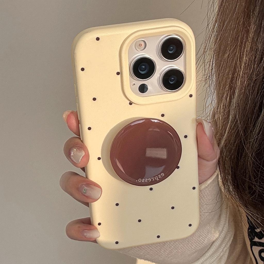 Cream Style Ins Retro Polka Dot Iphone16 Mobile Phone Case Apple 17 Brown Color Stand 15pro Max Suitable for 13