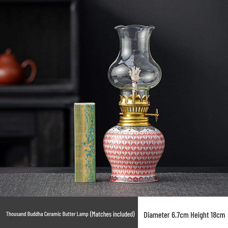 Hand-Painted Floral Retro Kerosene and Ceramic Butter Lamp - New Chinese Style Night Light for Bedroom and Study