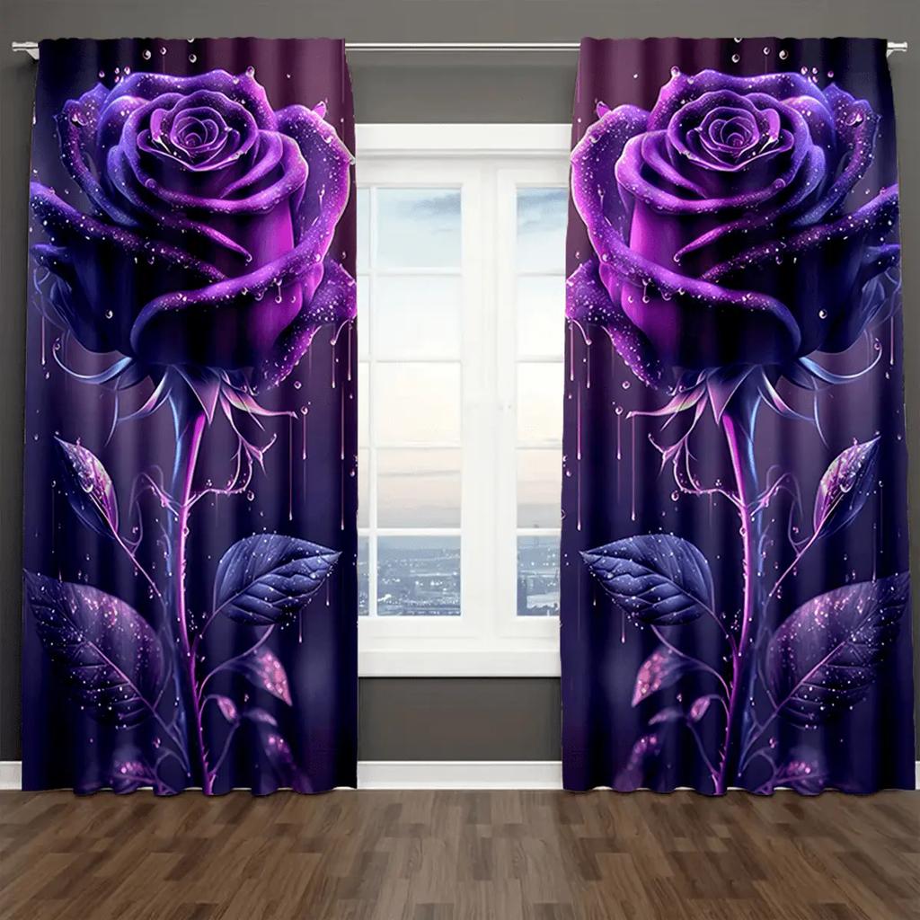 Elegant Purple Rose Pattern Printed Curtains, Pole Bag Bedroom and Living Room, Home Decoration, Room Decoration