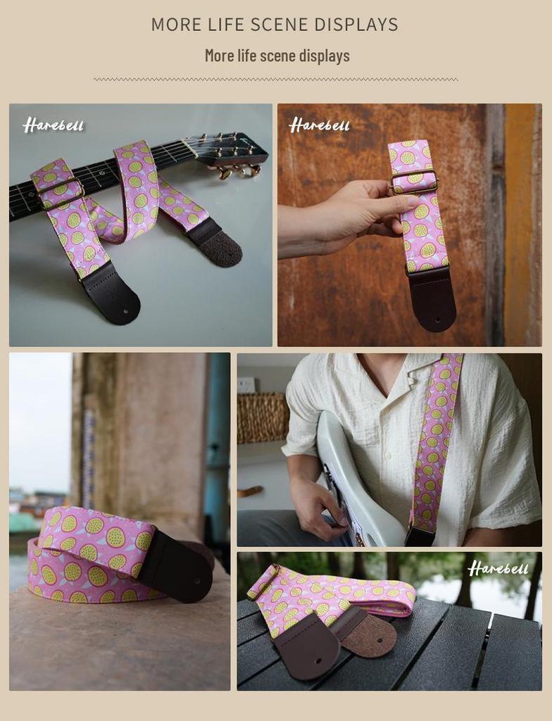 Guitar Strap - Pink Passion Fruit Pattern, Adjustable Buckle, Model PO-028.