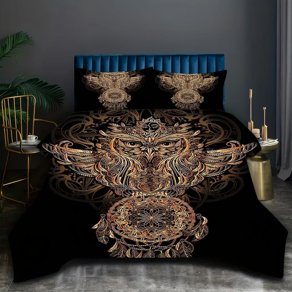 Comforter Golden Abstract Owl Pattern 3D Printed Retro Style Breathable Bedding Set Luxury Home Textile