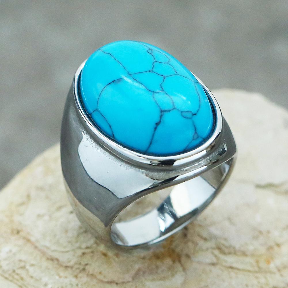 2025 Neuer Herrenring aus Edelstahl mit farbigem ovalem Edelstein Gothic Biker Hipster Schmuck für Männer Mann Geschenkidee