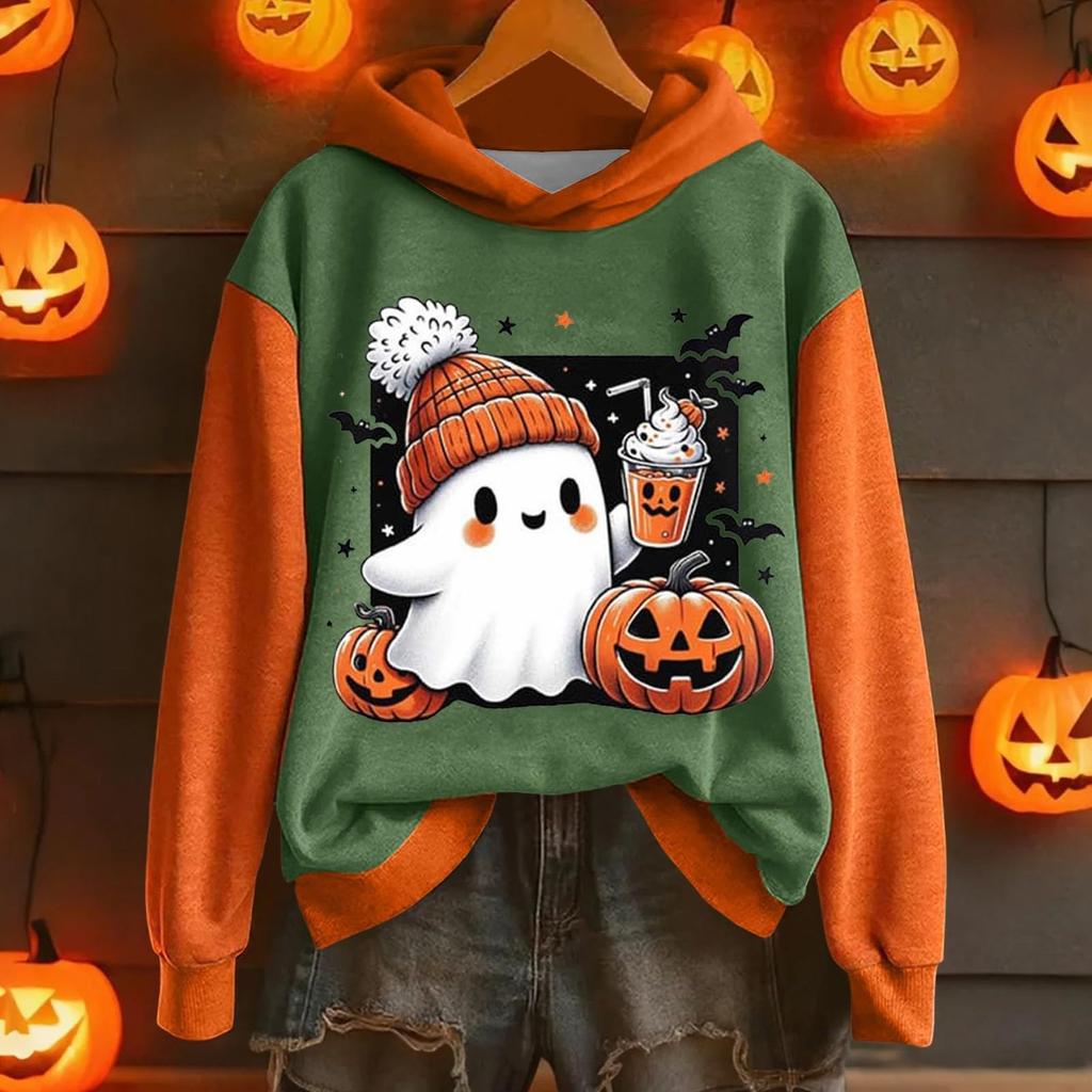 Ladies' Casual And Fashionable Halloween Printed Long Sleeved Hooded Warm Shirt Loose And Comfortable Hoodie