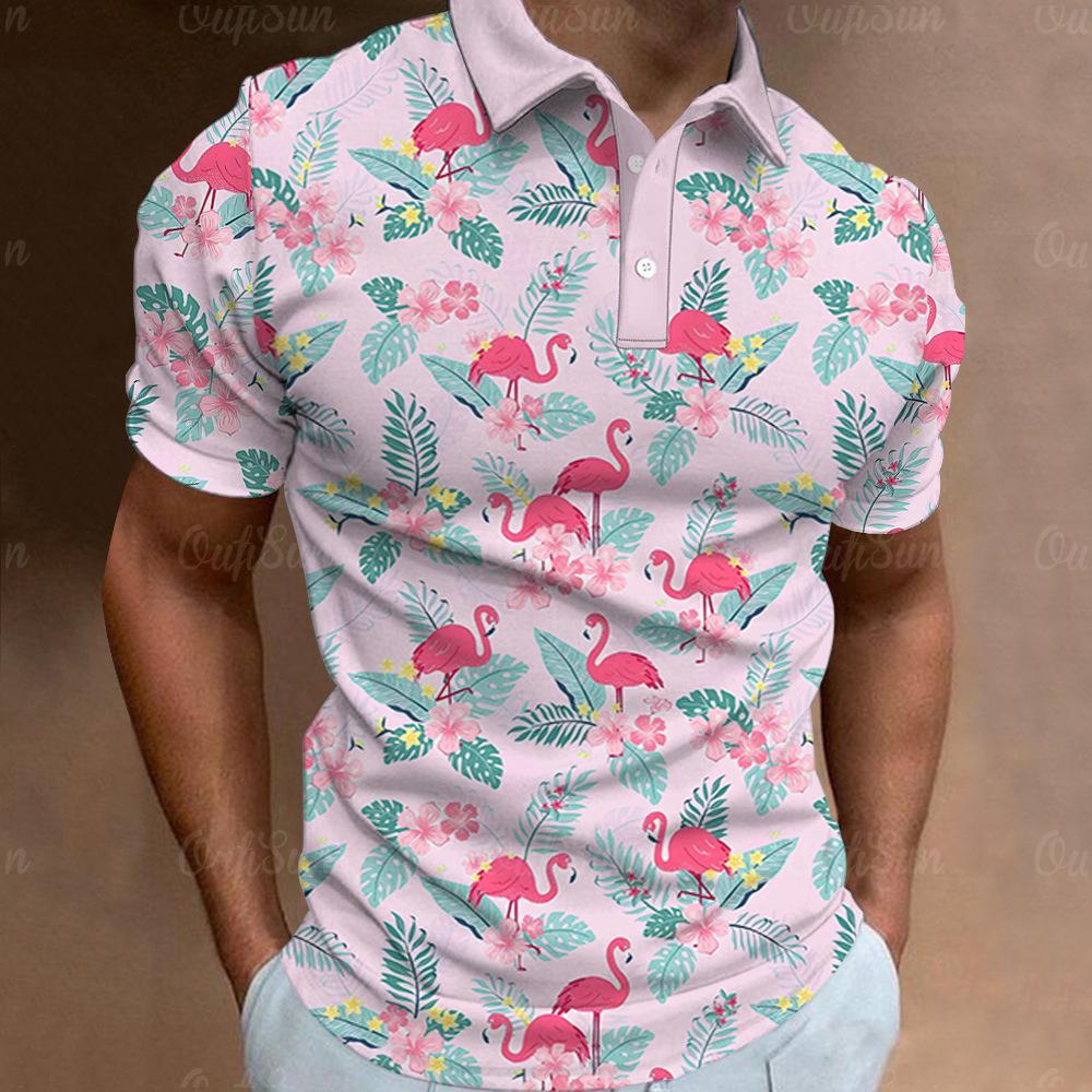 Tropical Flamingo Print Short Sleeve Polo, Ideal Summer Casual Wear